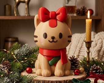 Christmas Cat with Bow STL Figurine – Kawaii 3D Printable Holiday Decor (Digital Download)