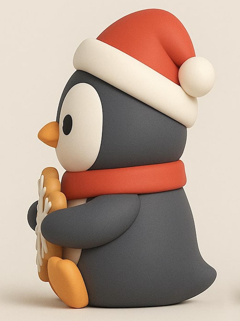 Kawaii Christmas penguin STL model holding a snowflake cookie