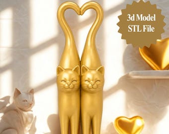 Cat Heart Sculpture STL, Elegant 3D Printable Romantic Cat Figurine for Home Decor