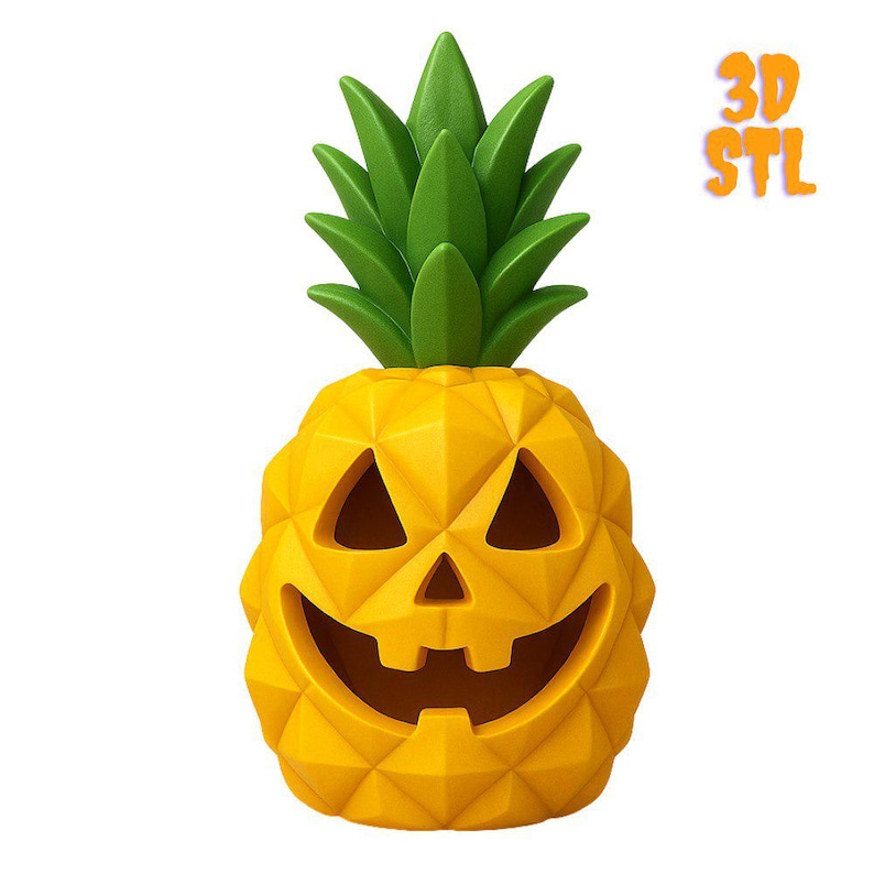 Pineapple-shaped jack-o’-lantern STL model with green leaves and carved smile