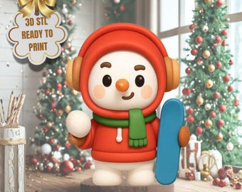 Snowman with Snowboard STL Figurine – Winter 3D Printable Holiday Decor (Digital Download)