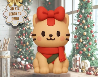 Christmas Cat with Bow STL Figurine – Kawaii 3D Printable Holiday Decor (Digital Download)