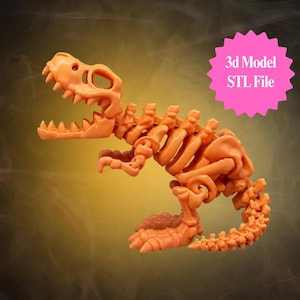 May include: Orange 3D model of a Tyrannosaurus Rex skeleton. The model is detailed, showing the skull, ribs, spine, and legs. A pink starburst graphic in the background reads "3d Model STL File".