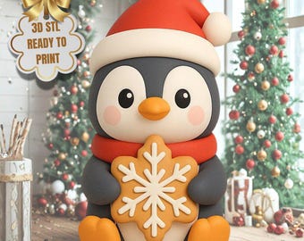 Christmas Penguin with Snowflake Cookie STL – Kawaii 3D Printable Holiday Figurine (Digital Download)