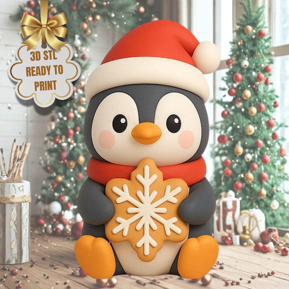 Christmas Penguin with Snowflake Cookie STL – Kawaii 3D Printable Holiday Figurine (Digital Download)