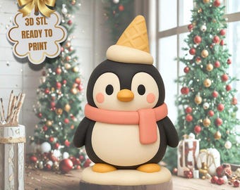 Penguin with Ice Cream Hat STL Figurine – Festive 3D Printable Holiday Decor (Digital Download)