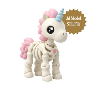 May include: A 3D model STL file of a unicorn skeleton figurine with a cream-colored bone structure, a light blue horn, and a pink mane and tail. The figure features large black eyes and a small pink heart on the chest area of the rib cage.