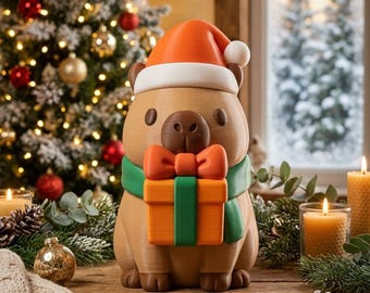 Christmas Capybara with Gift STL Figurine – Kawaii 3D Printable Holiday Decor (Digital Download)