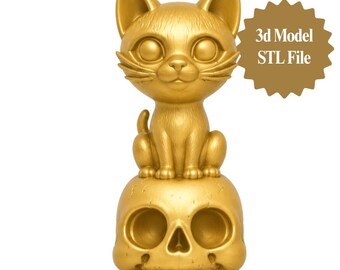 Cat Skull STL, Cute Cat Figurine on Skull, 3D Print File for Spooky Gothic Decor
