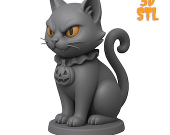 Black Cat with Pumpkin Pendant STL File | Halloween Printable Figurine | Gothic Decor