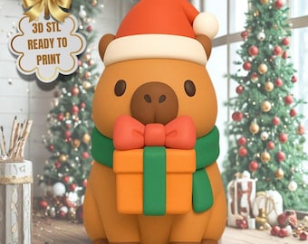 Christmas Capybara with Gift STL Figurine – Kawaii 3D Printable Holiday Decor (Digital Download)