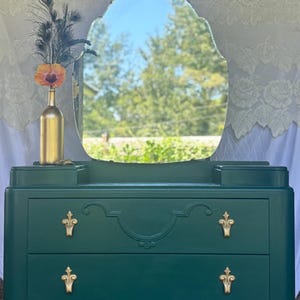 Vintage Art Deco Vanity Dresser with Mirror – Emerald Green & Gold – Refinished Antique Furniture