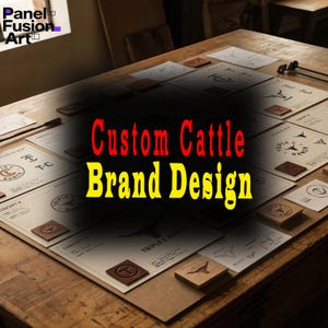 May include: A wooden table displays custom cattle brand designs. The designs are printed on cream-coloured paper with brown leather and wooden brand samples. The text "Custom Cattle Brand Design" is in red and yellow.