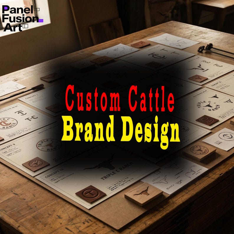 May include: A wooden table displays custom cattle brand designs. The designs are printed on cream-coloured paper with brown leather and wooden brand samples. The text "Custom Cattle Brand Design" is in red and yellow.