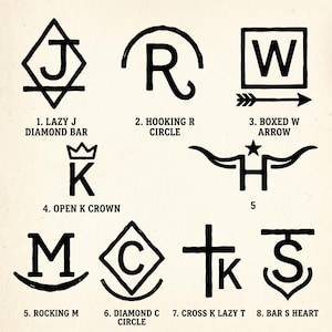 May include: Eight black and white ranch brand designs are displayed. Each brand is a unique combination of letters, shapes, and symbols, including a diamond, crown, and arrow. Text labels identify each brand.
