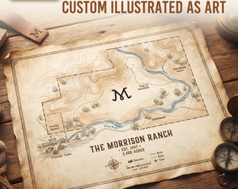 Custom Ranch Heritage Map | Personalized Family Ranch Art with Cattle Brand | Illustrated Western Wall Poster | Rancher Retirement Gift