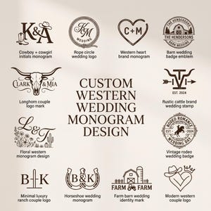 Peut inclure: Plusieurs modèles de monogrammes de mariage western personnalisés. L'image présente des logos tels qu'un monogramme avec botte de cowboy et initiales, un logo cercle de corde, un monogramme en forme de cœur et un badge de mariage de grange.