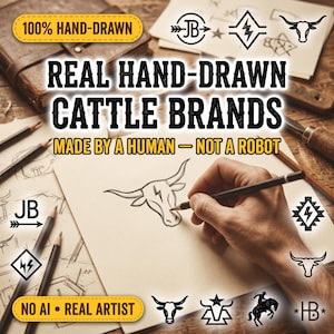Peut inclure: Une main dessinant un motif de marque de bétail sur du papier avec un crayon. L'image contient du texte incluant 100% HAND-DRAWN, REAL HAND-DRAWN CATTLE BRANDS, MADE BY A HUMAN - NOT A ROBOT, et NO AI - REAL ARTIST, avec divers logos de marques.