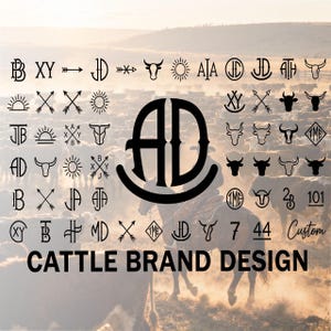 Puede incluir: Diseños de marcas de ganado en negro, con iniciales, flechas, soles y siluetas de toros. El texto "CATTLE BRAND DESIGN" está en la parte inferior. El fondo muestra ganado y un vaquero a caballo.