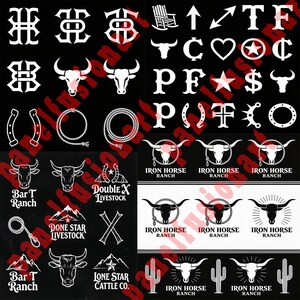 May include: A selection of black and white Western-themed graphics. Features bull heads, horseshoes, rope, ranch logos, and stylized letters. Ideal for apparel, branding, and crafting projects.