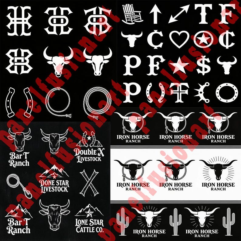 May include: A selection of black and white Western-themed graphics. Features bull heads, horseshoes, rope, ranch logos, and stylized letters. Ideal for apparel, branding, and crafting projects.