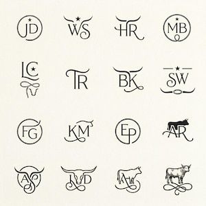 Könnte beinhalten: Eine Sammlung von sechzehn Logos im Western-Stil in Schwarz und Weiß. Jedes Logo zeigt Initialen, Seilkreise, Sterne und stilisierte Bullenhörner. Einige Logos enthalten eine Silhouette oder Illustration eines Bullen.