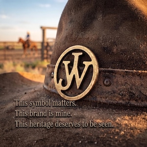 May include: A dark brown felt hat featuring a circular brass emblem with the letters JW embossed in the center. The hat band is made of brown leather and secured with metal rivets. Text on the image reads: This symbol matters. This brand is mine. This heritage deserves to be seen.
