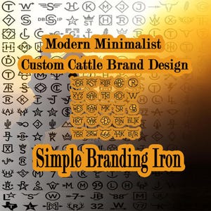 Puede incluir: Una colección de diseños de marcas de ganado en blanco y negro. La imagen incluye el texto "Modern Minimalist Custom Cattle Brand Design" y "Simple Branding Iron". Los diseños presentan varias formas y símbolos.