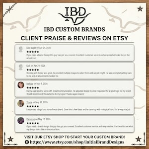 May include: A wooden sign featuring the text "IBD CUSTOM BRANDS CLIENT PRAISE & REVIEWS ON ETSY." It displays customer reviews with star ratings and dates. The Etsy shop URL is also shown.
