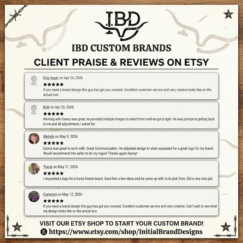 May include: A wooden sign featuring the text "IBD CUSTOM BRANDS CLIENT PRAISE & REVIEWS ON ETSY." It displays customer reviews with star ratings and dates. The Etsy shop URL is also shown.