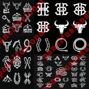 May include: A selection of white cowboy-themed graphics on a black backdrop. Designs include ranch logos, bull heads, horseshoes, ropes, and text such as "Bar T Ranch" and "Lone Star Cattle Co."