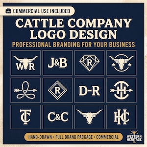 Puede incluir: Un gráfico azul oscuro que muestra doce diseños de logotipos blancos para una empresa ganadera. El texto dice CATTLE COMPANY LOGO DESIGN, PROFESSIONAL BRANDING FOR YOUR BUSINESS, HAND-DRAWN, FULL BRAND PACKAGE, COMMERCIAL y WESTERN HERITAGE CO.