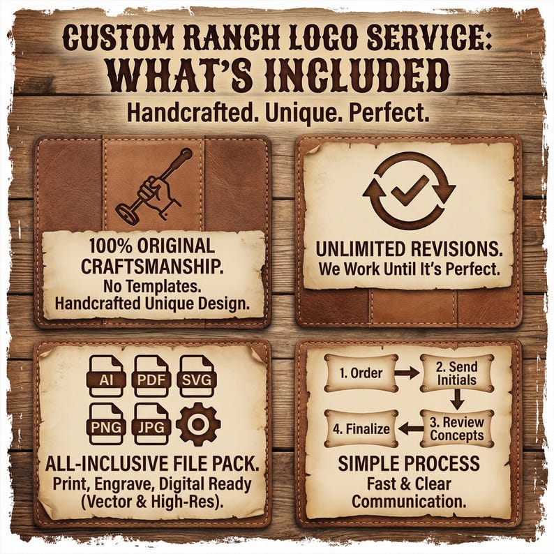 May include: Promotional graphic for a custom ranch logo service, featuring a rustic design with text and icons on leather-effect backgrounds. Highlights include original craftsmanship, unlimited revisions, and an all-inclusive file pack.