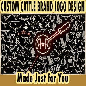 May include: A black background features white cattle brand designs. The words "CUSTOM CATTLE BRAND LOGO DESIGN" and "Made Just for You" are in yellow text. A glowing white brand with "R & R" is in the center.