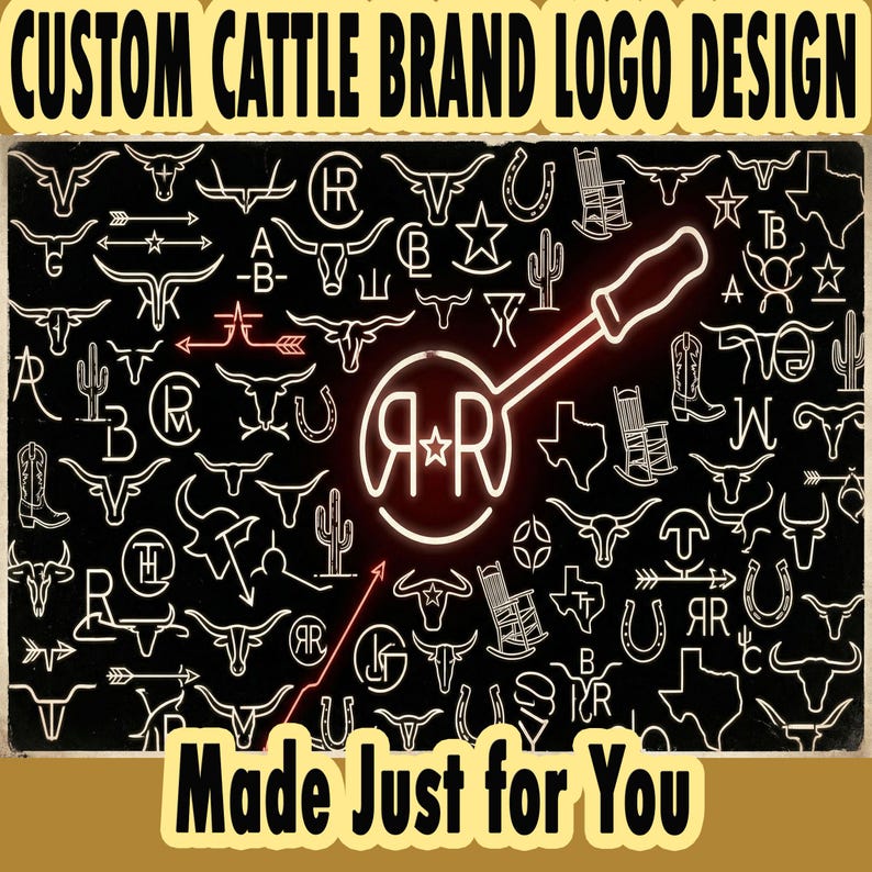 May include: A black background features white cattle brand designs. The words "CUSTOM CATTLE BRAND LOGO DESIGN" and "Made Just for You" are in yellow text. A glowing white brand with "R & R" is in the center.
