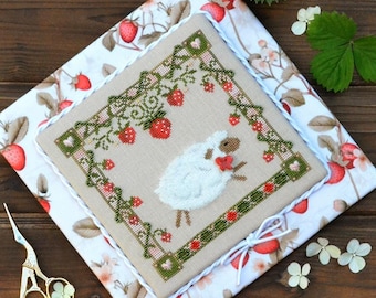 Kit de ponto cruz Sampler, Ovelhas com Morangos, tecido de trama uniforme, fios tingidos à mão