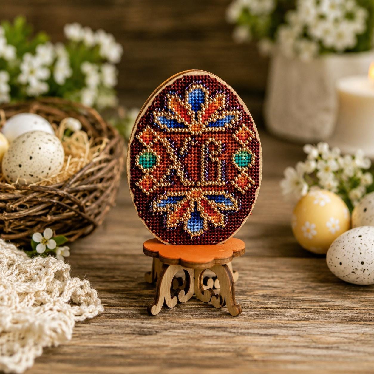 Thread Embroidery Kit on Wooden Base, Mini Cross Stitch Ornament, DIY Needlework Craft Kit for Adults, Handmade Decor Gift
