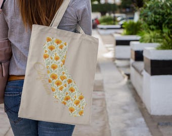 Tote Bag, California, California Poppy State Flower Map Canvas