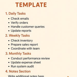 Puede incluir: Una plantilla titulada "BACK OFFICE OPERATIONS TEMPLATE" con un fondo beige claro. La plantilla incluye secciones para tareas diarias, semanales y mensuales, una sección de notas y una tabla de tareas. El texto es de color naranja oscuro.