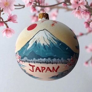 Japan Christmas Ornament, Japan Personalized Ball, Hand-Painted Fuji Bauble, Tree glass ball, Cherry Blossom