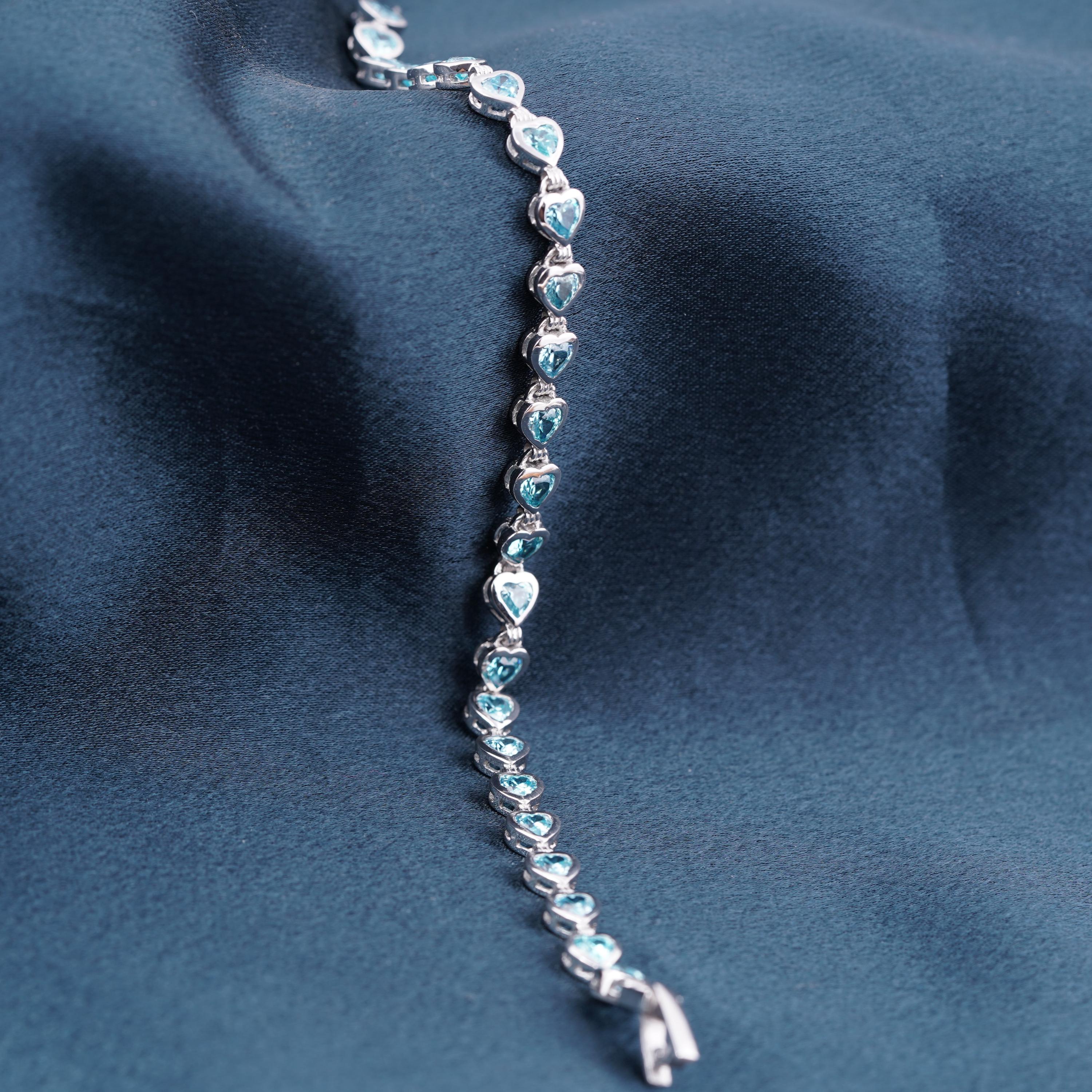 Heart Aquamarine Tennis Women's Bracelet 14K White Gold Silver Charm Link Sky Blue Bracelet