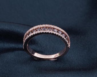 Round Cut Brown Diamond Engagement Ring, 14K Rose Gold & Silver Band