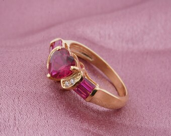 Heart Pink Ruby & Diamond Wedding Ring: 14K Gold Plated Sterling Silver