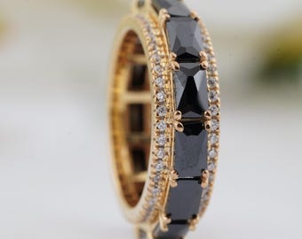 Baguette Black Diamond Wedding Band, 14K Yellow Gold, Elegant Engagement Ring