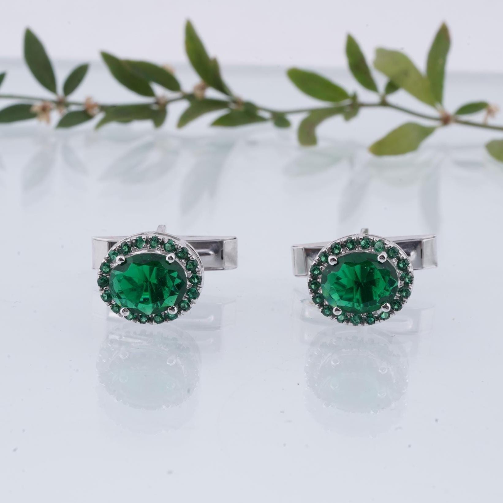 Emerald & Diamond Men's Cufflinks14K Gold Plated Sterling Silver Halo Design Shirt Cuff For Him