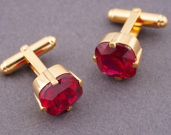 Red Ruby Cufflinks 14K Gold & Sterling Silver Special Occasion Cushion Diamond Handmade Men's Cufflinks