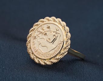 Handmade Panda Coin Ring: Vintage Rope Style, 14K Gold Plated Sterling Silver