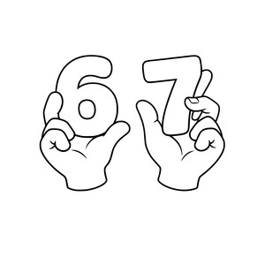 Può includere: Illustrazione a fumetti in bianco e nero di due mani che tengono i numeri sei e sette. I numeri sono in un carattere grassetto e arrotondato. Anche le mani sono delineate in nero.