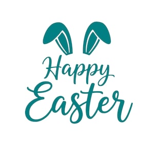 Könnte beinhalten: Ein teal-farbener Schriftzug "Happy Easter" in Schreibschrift, gekrönt von teal-farbenen Hasenohren. Das Design befindet sich auf einem weißen Hintergrund, passend für Osterprodukte.