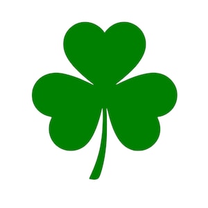 Puede incluir: Un trébol verde brillante con tres hojas en forma de corazón y un tallo, sobre un fondo blanco. Este diseño icónico es un símbolo de suerte y herencia irlandesa, ideal para el Día de San Patricio.